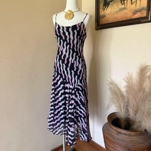 Black & Lilac Wave vintage Silk midi Dress